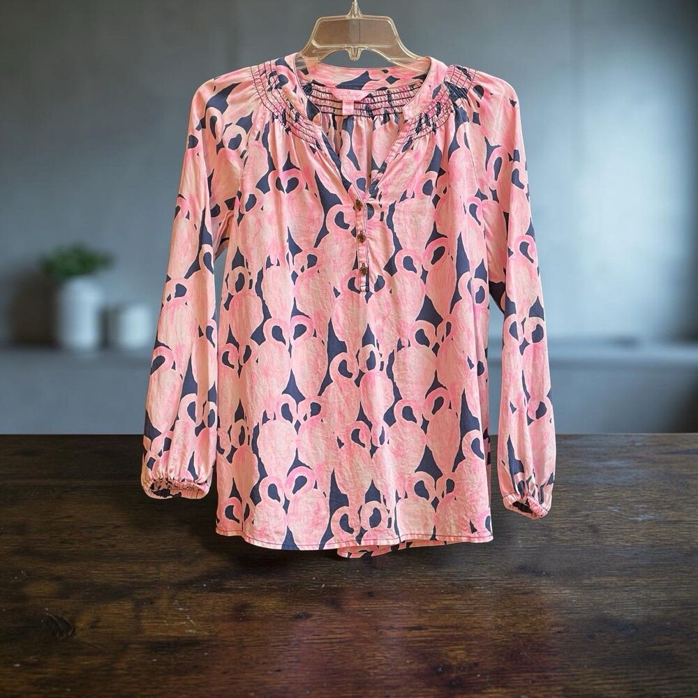 Lilly Pulitzer XXS Elsa Popover Navy and Pink Flamingo Top Blouse Silk